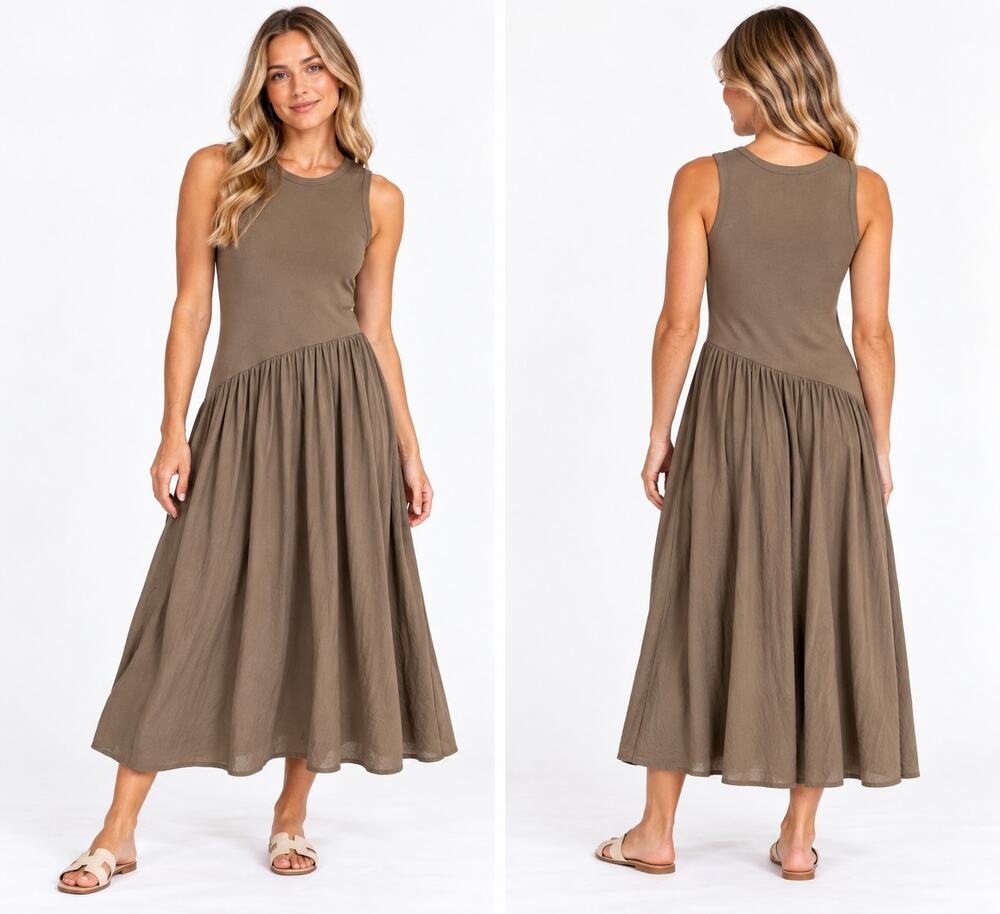 H&M Women's Taupe Sleeveless Flared Midi Dress XL Asymmetrical Cotton Blend